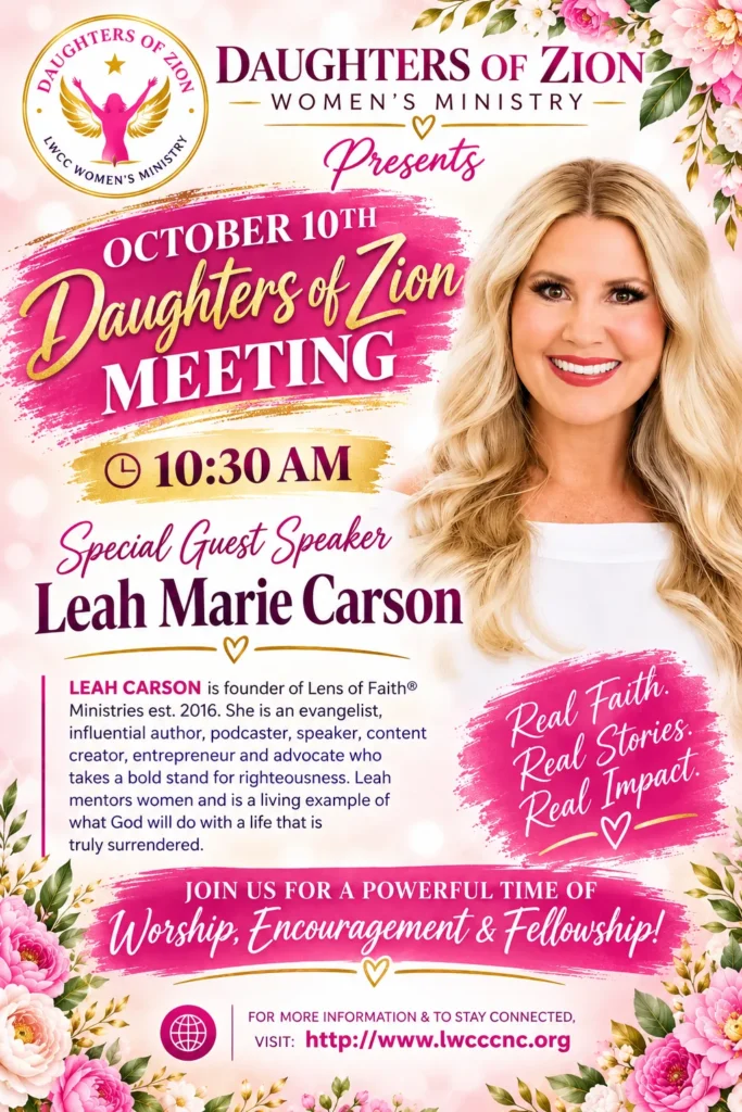 Daughters of Zion Women’s Ministry flyer for the October 10th meeting at 10:30 AM with special guest speaker Leah Marie Carson